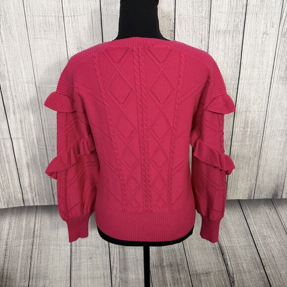 WHBM Women's Small Hollywood Pink Crew Neck Puff Ruffle Sleeve Cable Sweater - Picture 3 of 6